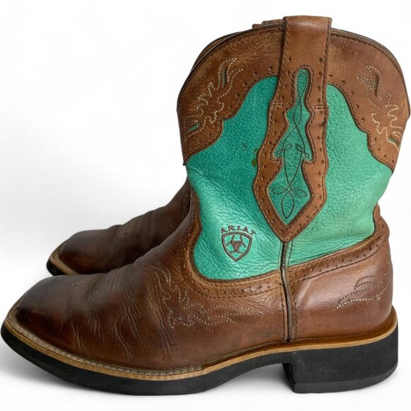 Ariat Leather Brown Green Western Cowgirl Cowboy Boots Women's 8 B - Picture 7 of 13